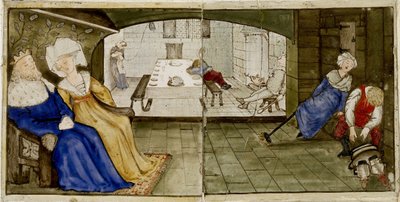 Ein Satz von sechzehn Fliesen, die paarweise angeordnet sind, um acht Illustrationen der 